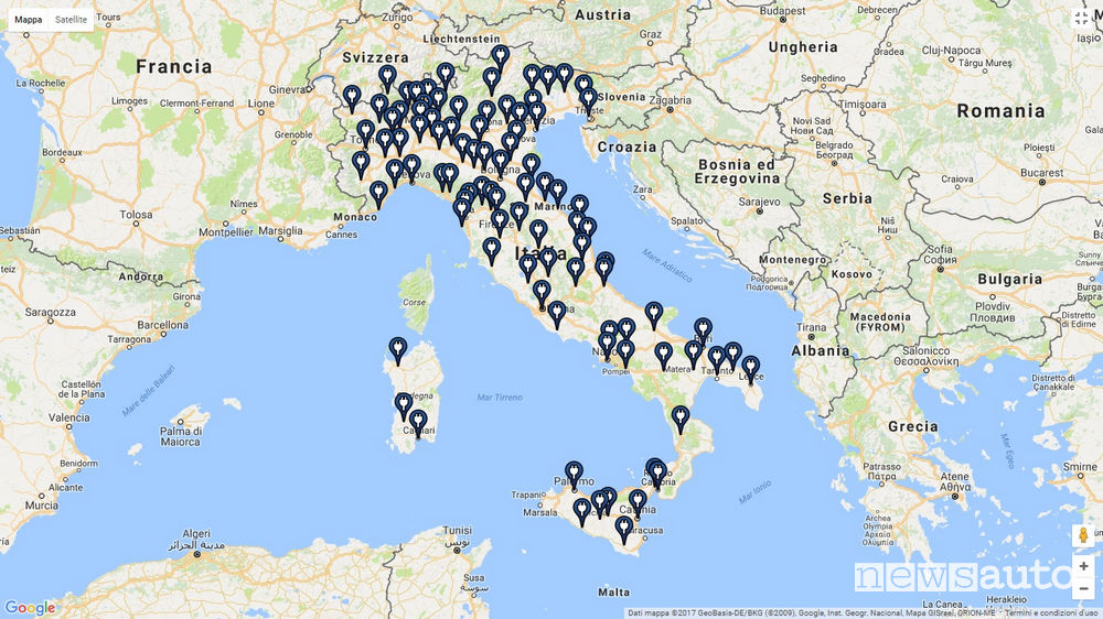 Colonnine elettriche autostrada 2017 mappa